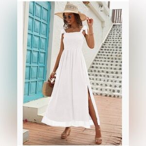 Annebouti Boho Spaghetti Strap Smocked Swiss Dot Side Slit Long Maxi Dress